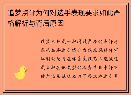 追梦点评为何对选手表现要求如此严格解析与背后原因