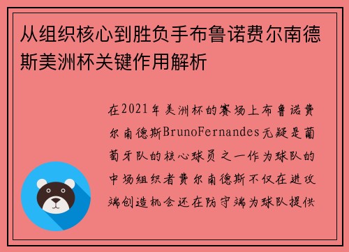 从组织核心到胜负手布鲁诺费尔南德斯美洲杯关键作用解析