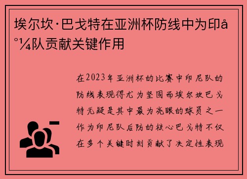 埃尔坎·巴戈特在亚洲杯防线中为印尼队贡献关键作用
